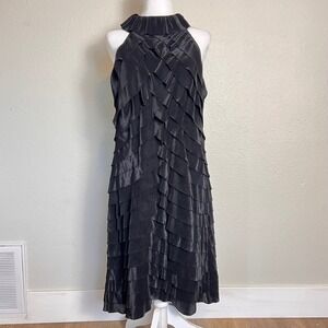 Samuel Dong Black Halter Neck Tiered Pleated Midi Dress Size Medium